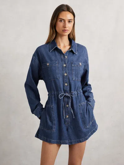 Paige Womens Glimpse Madigan Spread-collar Cotton-blend Denim Romper In Blue