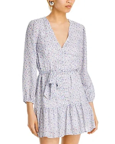 Paige Marlyn Paisley Long Sleeve Ruffle Hem Minidress In White And French Blue