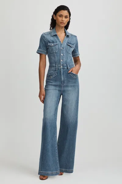 Paige Mid Blue Wide Leg Denim Jumpsuit