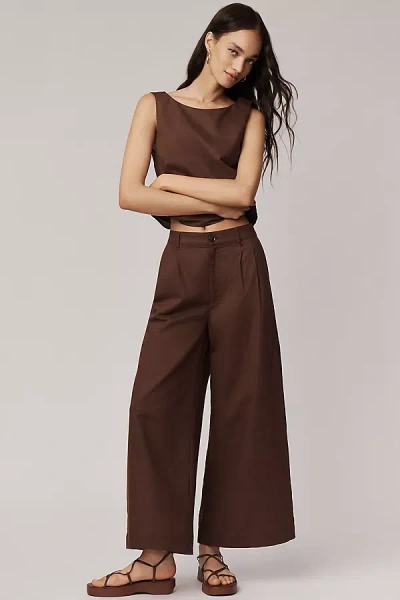 Paige Negroni Linen Blend High-rise Cropped Wide-leg Pants In Brown