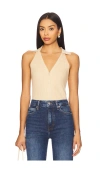 Paige Womens Camel Noellia Spread-collar Cotton-blend Ribbed Knit Top