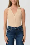 Paige Womens Camel Noellia Spread-collar Cotton-blend Ribbed Knit Top In Neutral