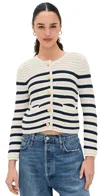 Paige Oberon Stripe Cotton Blend Cardigan In Ivory/dark Ink Blue