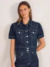 Paige Puff-sleeve Short Denim Jacket In Blue