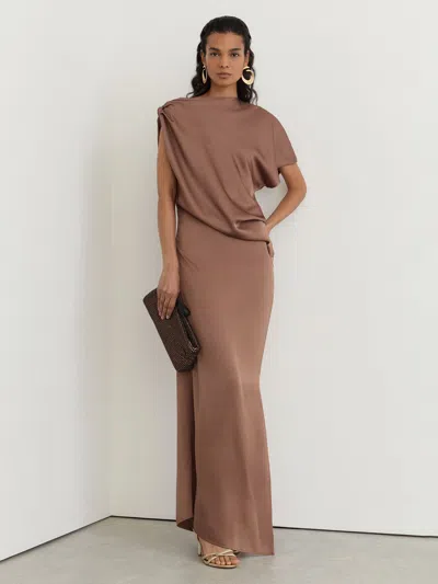 Paige Reiss Taupe Brown  Petite Satin Asymmetric Draped Maxi Dress