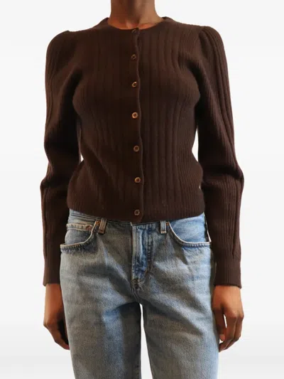 Pre-owned Paige Ribbed-knit Puff-sleeve Cardigan In Brown