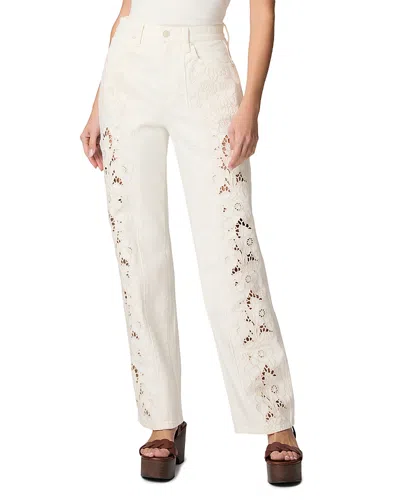 Paige Sawyer High Rise Wide Leg Jeans In Tonal Ecru Embroidered In Pink