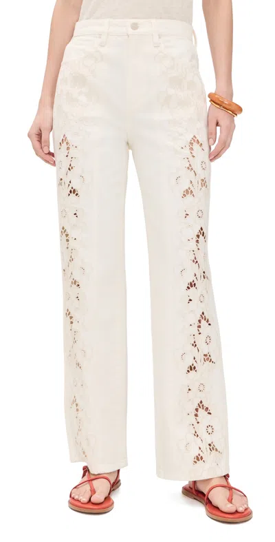 Paige Womens Tonal Ecru Embroidered Sawyer Embroided Wide-leg Denim Jeans In White