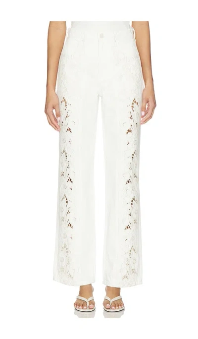 Paige Womens Tonal Ecru Embroidered Sawyer Embroided Wide-leg Denim Jeans In White