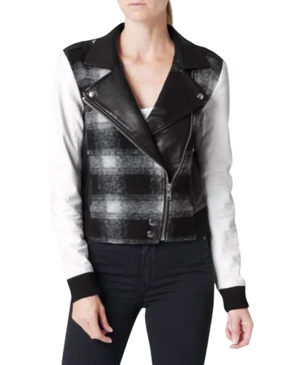 Paige Shelley Leather Wool Blend Plaid Moto Jacket In Black, White In Multi