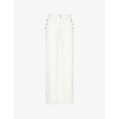 Paige Womens Tonal Ecru Aubrey Button-embellished Wide-leg High-rise Stretch-denim Jeans In White