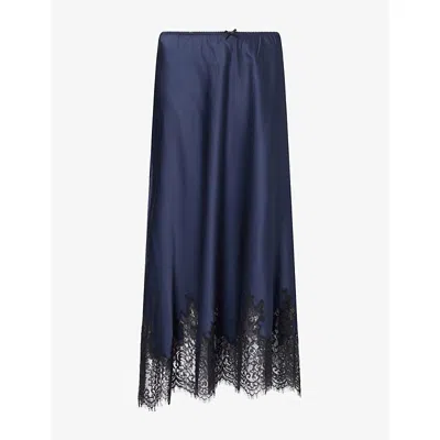 Paige Womens Kelso Lace-trim Satin Midi Skirt Navy In Blue