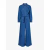 Paige Cameron Tie Waist Long Sleeve Wide Leg Denim Jumpsuit In Maraya