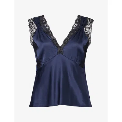 Paige Womens Marin Lace-trim Satin Top Navy In Blue