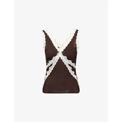 Paige Womens Chocolate/ivory Terezia Lace-trim Silk Top In Multi