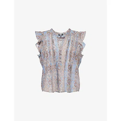 Paige Womens Idris Paisley-print Flutter-sleeve Cotton And Silk-blend Top Slate Blue Multi