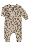 Paigelauren Hacci Animal Print Long Sleeve Split Neck Romper In Black/taupe