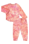 Paigelauren Kids' Tie Dye Long Sleeve Top & Pants French Terry Lounge Set In Orange/pink
