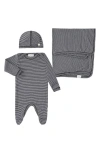 Paigelauren Welcome Home Stripe Ribbed Footie, Hat & Blanket Set In Black