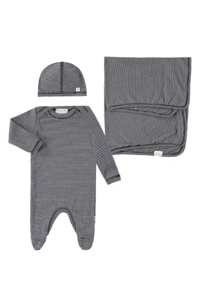 Paigelauren Babies'  Welcome Home Stripe Ribbed Footie, Hat & Blanket Set In Black