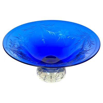 Pre-owned Pairpoint Glassworks Pairpoint Cobalt Blue Engraved Floral Center Bowl Controlled Bubble Pedestal