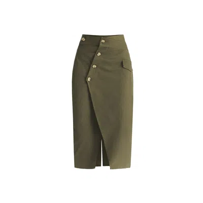 Paisie Women's Asymmetric Midi Skirt With Button Details In Khaki Green