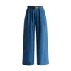 Paisie Women's Belted Wide Leg Trousers With Box Pleats In Denim Blue In Blue