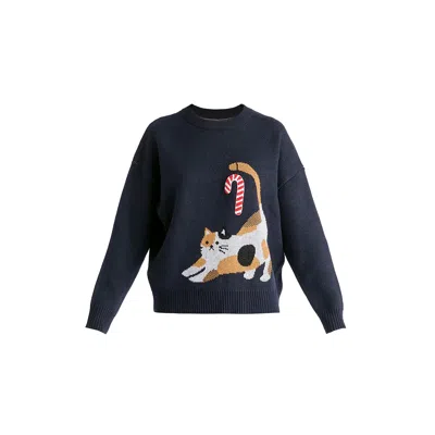 Paisie Women's Blue Christmas Jumper With Cat & Candy Cane In Navy