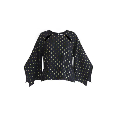 Paisie Women's Blue / Gold Gold Foil Print Cut-out Draped Sleeve Top In Navy & Gold In Blue/gold