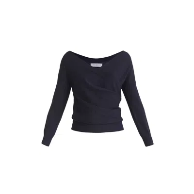 Paisie Women's Blue Knitted Wrap Top With Long Sleeves In Navy