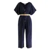Paisie Women's Blue Linen Blend Button Jumpsuit In Navy In Blue