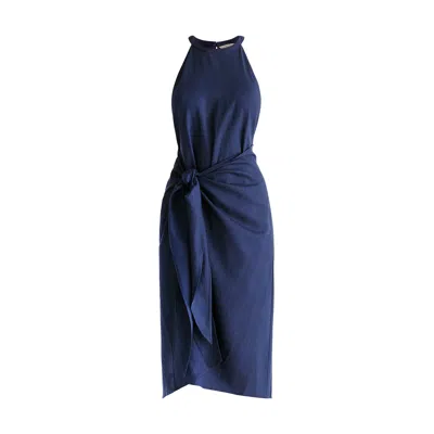 Paisie Women's Blue Linen Blend Waist Tie Dress In Navy