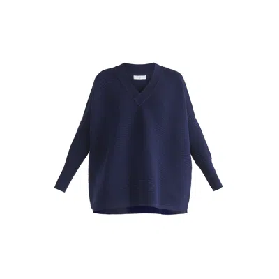 Paisie Women's Blue  V-neck Ribbed Jumper In Navy