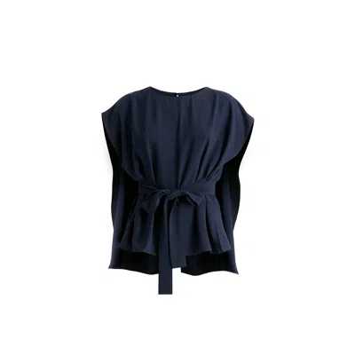 Paisie Women's Blue Round Neck Cape Top With Belt In Navy