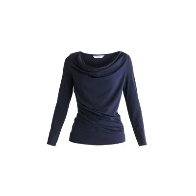 Paisie Women's Blue Ruched Jersey Top With Draped Neck In Navy