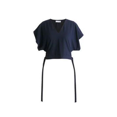 Paisie Women's Blue V-neck Side Tie Top With Batwing Sleeves In Navy