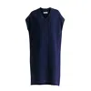 Paisie Women's Blue V-neck Sleeveless Ribbed Jumper Dress In Navy In Blue