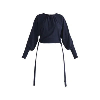 Paisie Women's Blue Waist Tie Top With Shirred Cuffs In Navy