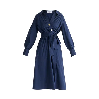 Paisie Women's Blue Wrap Midi Shirt Dress With Metallic Button Details In Navy