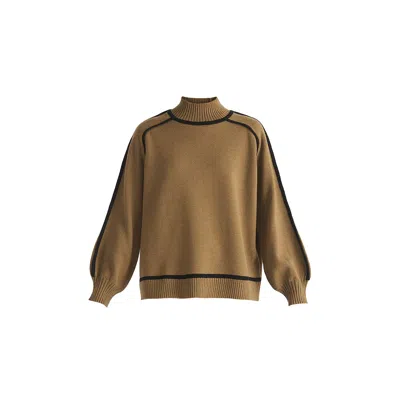 Paisie Women's Brown / Black Contrast Stripe Piping Mock Neck Jumper In Brown & Black In Brown/black
