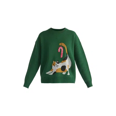 Paisie Women's Christmas Jumper With Cat & Candy Cane In Green