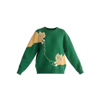 Paisie Women's Christmas Jumper With Cat And Fairylights In Green
