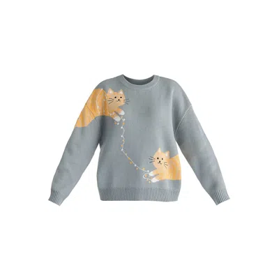 Paisie Women's Christmas Jumper With Cat And Fairylights In Grey In Gray