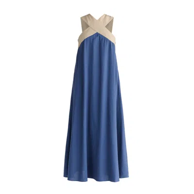 Paisie Women's Cross Strap Halterneck Maxi Dress In Blue And Taupe