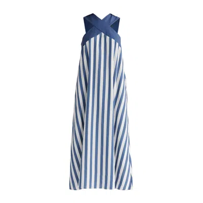 Paisie Women's Cross Strap Halterneck Maxi Dress In Blue And White