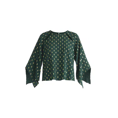 Paisie Women's Green / Gold Gold Foil Print Cut-out Draped Sleeve Top In Dark Green & Gold In Green/gold