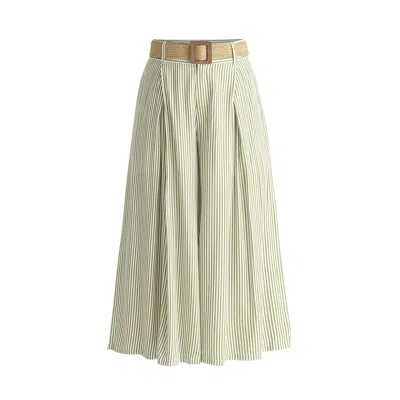 PAISIE WOMEN'S GREEN / WHITE BELTED PLEATED CULOTTES IN GREEN & WHITE 