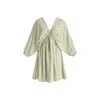 Paisie Women's Green / White V-neck Balloon Sleeve Dress In Green & White In Green/white