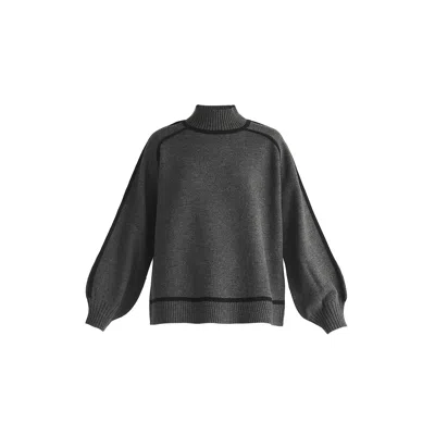 Paisie Women's Grey / Black Contrast Stripe Piping Mock Neck Jumper In Marl Dark Grey & Black In Grey/black