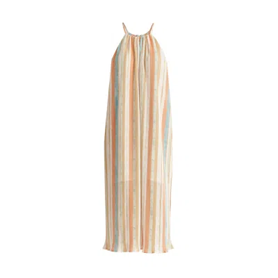 Paisie Women's Halter Neck Plisse Dress With Belt In White, Blue, Orange And Gold